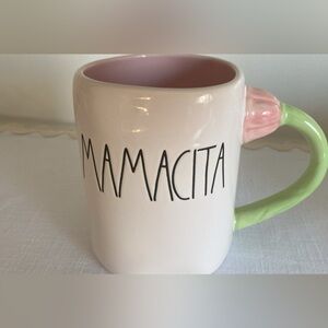 MAMACITA Pink Interior Ceramic Mug with Floral Handle. Rae Dunn